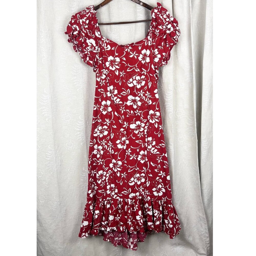 Red Hawaiian ruffled maxi dress Hilo Hattie's cotton hibiscus floral tropical